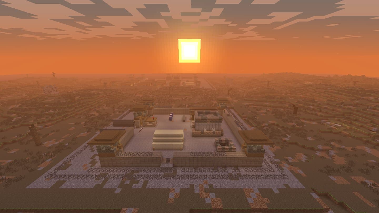 Decimation Minecraft mod screenshot: A military outpost at sunset