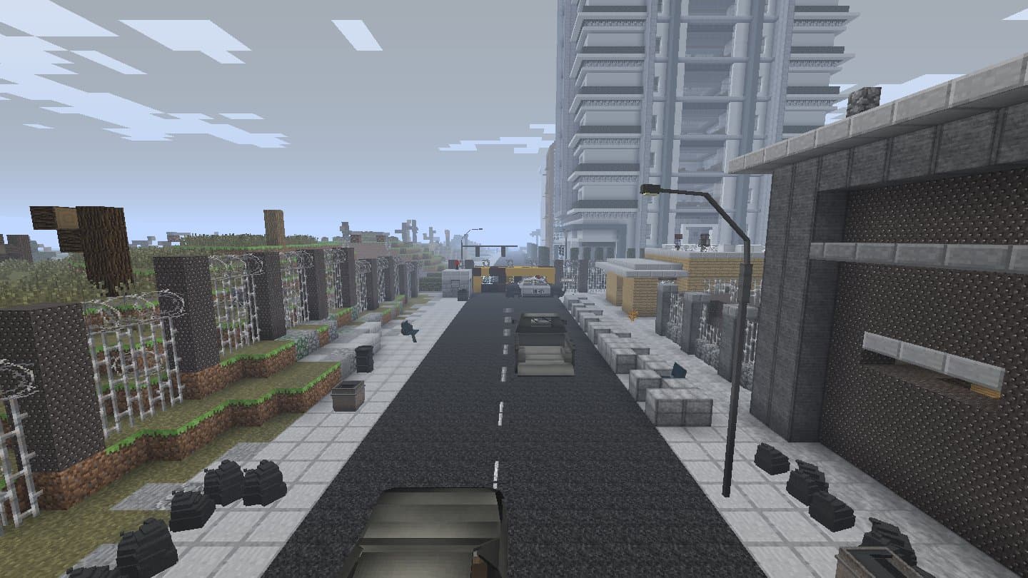 Decimation Minecraft mod screenshot: Wasteland fence and checkpoint