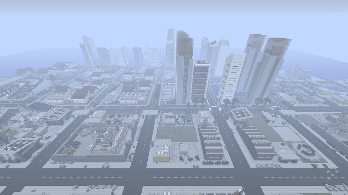 Decimation Minecraft mod: a generated city from above