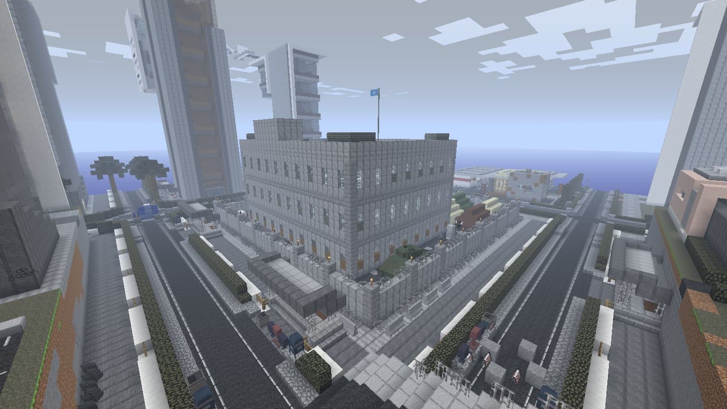 Decimation Minecraft mod screenshot: A fortified city refuge